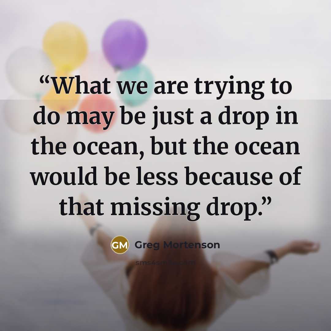 “What we are trying to do may be just a drop in the ocean, but the ocean would be less because of that missing drop.” quote by Greg Mortenson