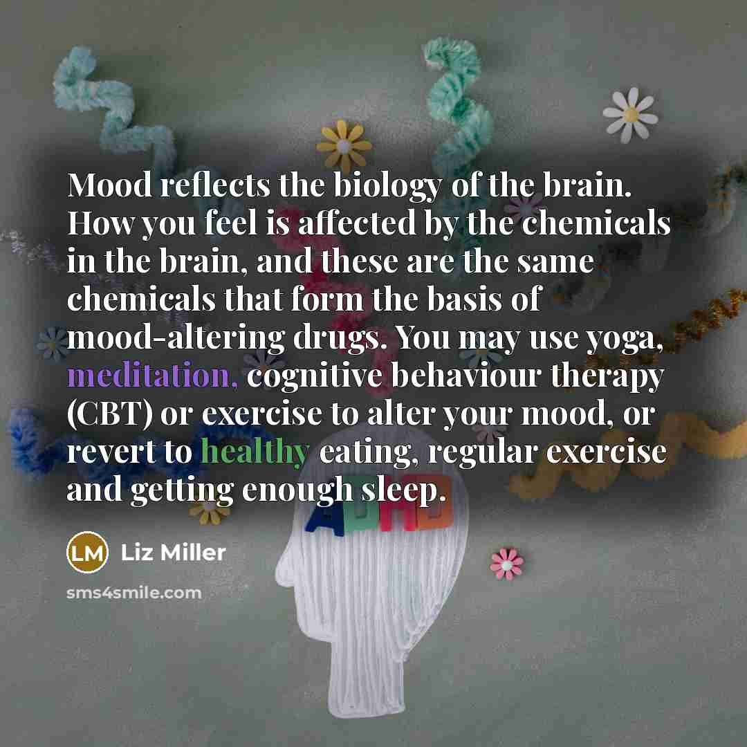 “Mood reflects the biology of the brain. How you feel…” quote by Liz Miller