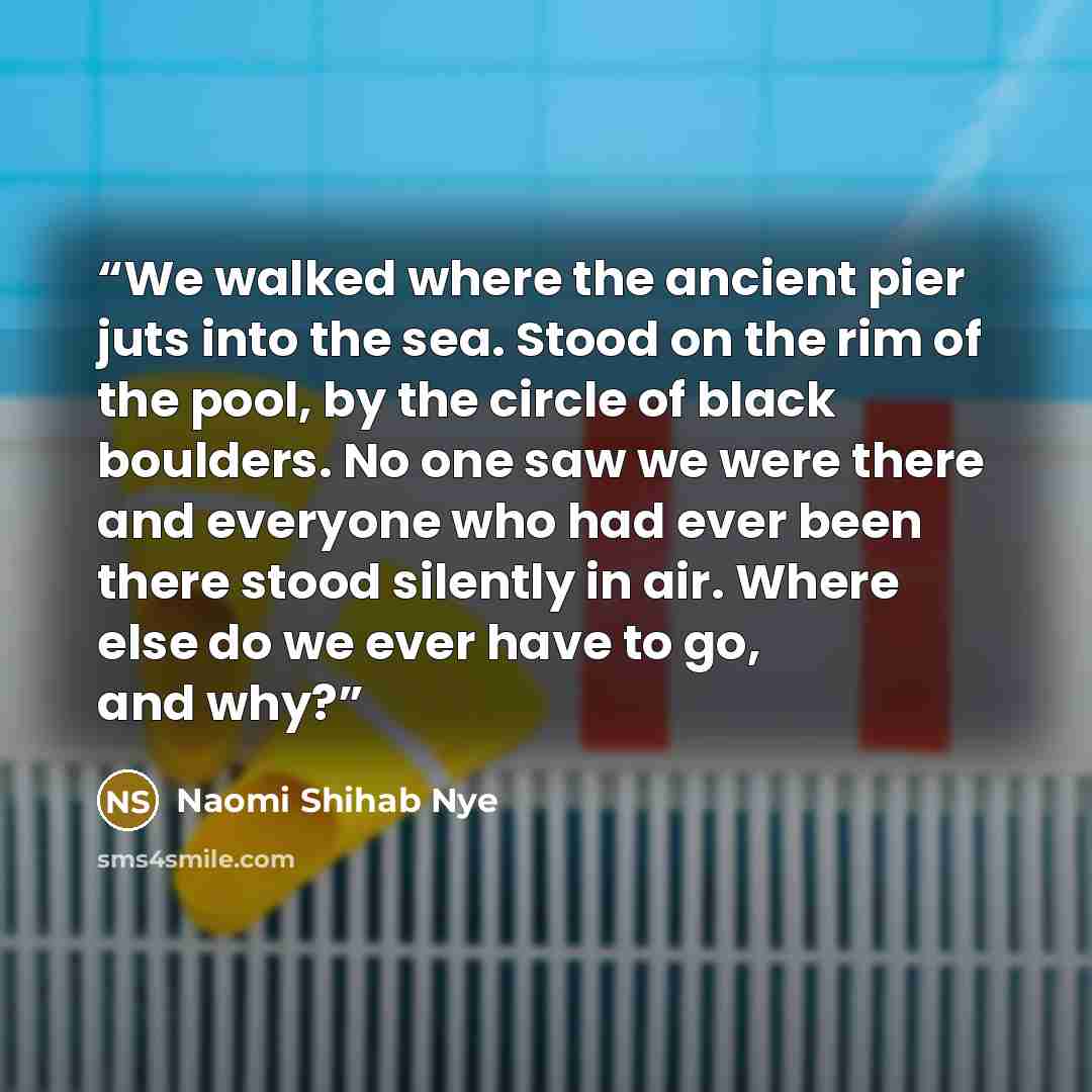“We walked where the ancient pier juts into the sea. Stood on the rim of the pool, by the circle of black boulders. No one saw we were there and everyone who had ever been there stood silently in air. Where else do we ever have to go, and why?” quote by Naomi Shihab Nye