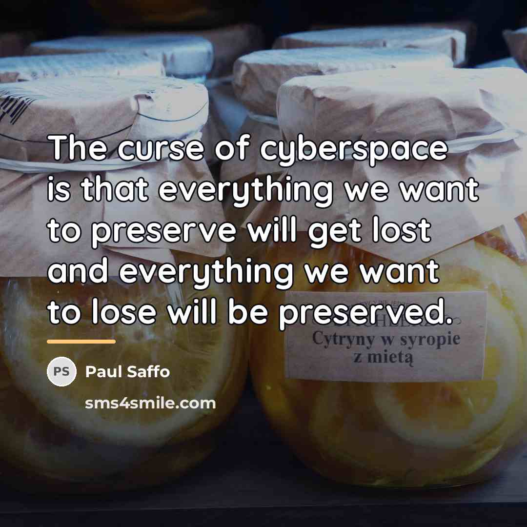 “The curse of cyberspace is that everything we want to…” quote by Paul Saffo