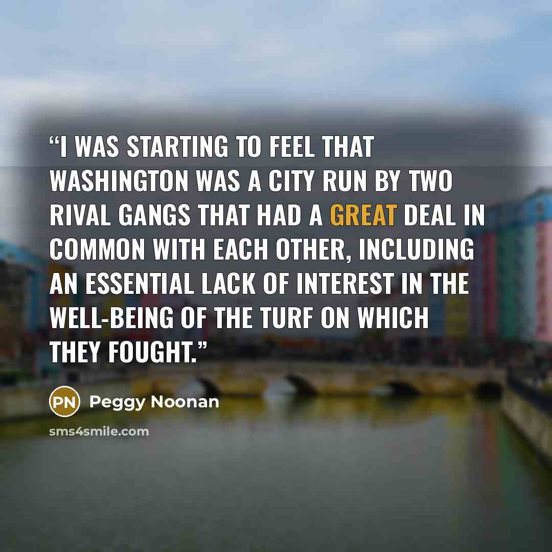 “I was starting to feel that Washington was a city run by two rival gangs that had a great deal in common with each other, including an essential lack of interest in the well-being of the turf on which they fought.” quote by Peggy Noonan