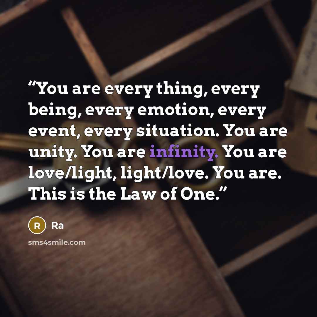 “You are every thing, every being, every emotion, every event, every situation. You are unity. You are infinity. You are love/light, light/love. You are. This is the Law of One.” quote by Ra