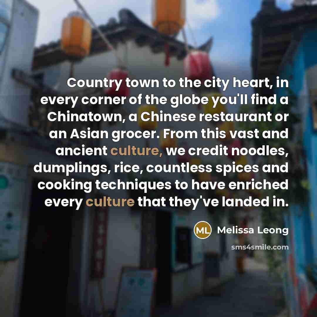 “Country town to the city heart, in every corner of the globe you'll find a Chinatown, a Chinese restaurant or an Asian grocer. From this vast and ancient culture, we credit noodles, dumplings, rice, countless spices and cooking techniques to have enriched every culture that they've landed in.” quote by Melissa Leong