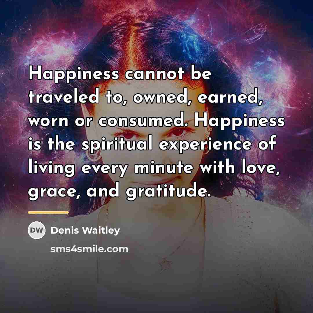 “Happiness cannot be traveled to, owned, earned, worn or consumed.…” quote by Denis Waitley