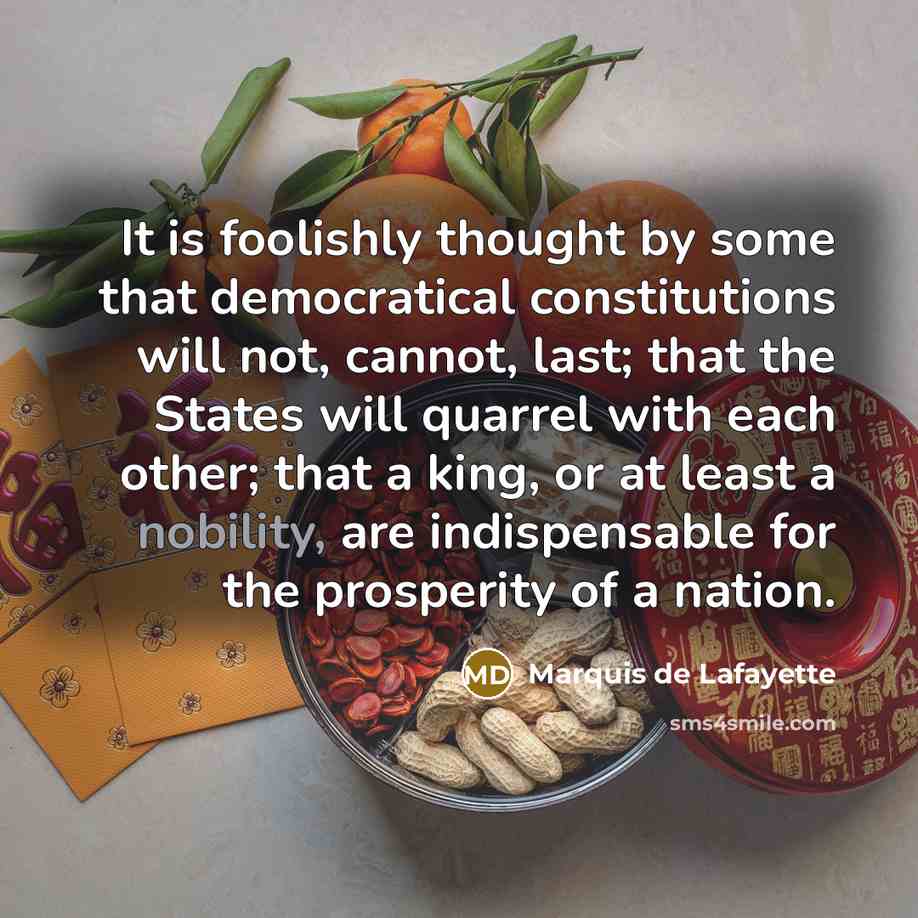 “It is foolishly thought by some that democratical constitutions will…” quote by Marquis de Lafayette