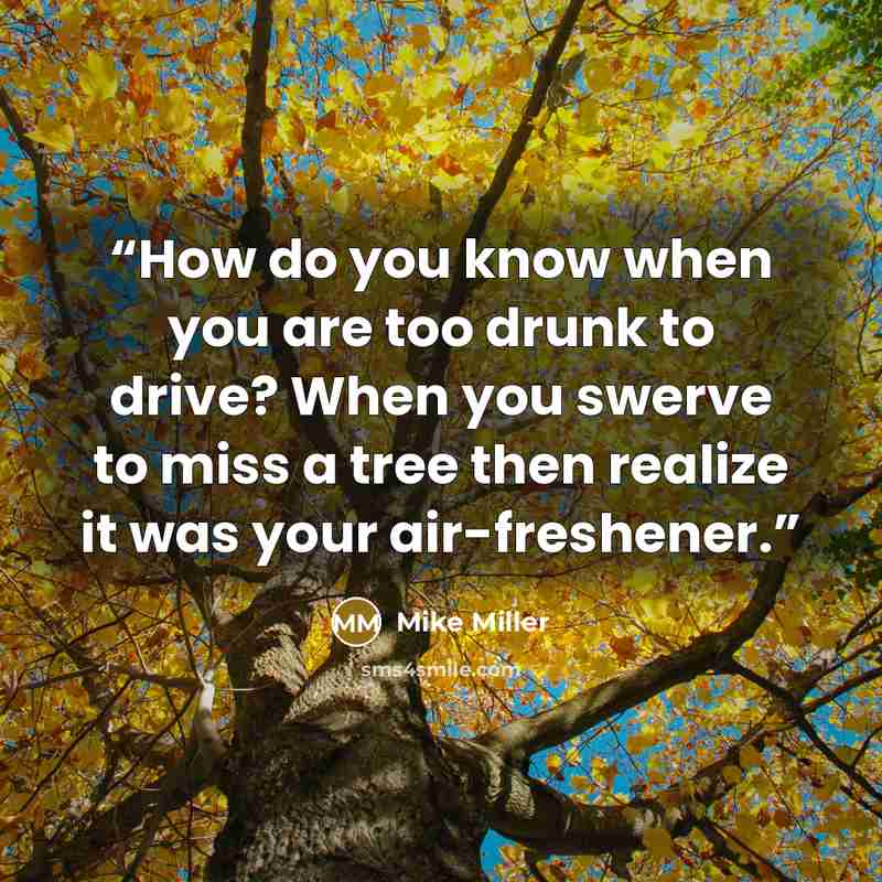 “How do you know when you are too drunk to drive? When you swerve to miss a tree then realize it was your air-freshener.” quote by Mike Miller