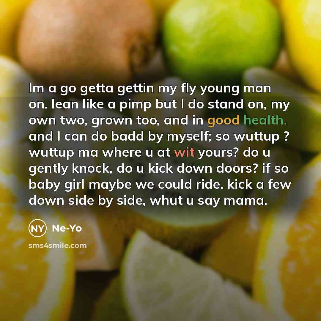 “Im a go getta gettin my fly young man on. lean like a pimp but I do stand on, my own two, grown too, and in good health. and I can do badd by myself; so wuttup ? wuttup ma where u at wit yours? do u gently knock, do u kick down doors? if so baby girl maybe we could ride. kick a few down side by…” quote by Ne-yo