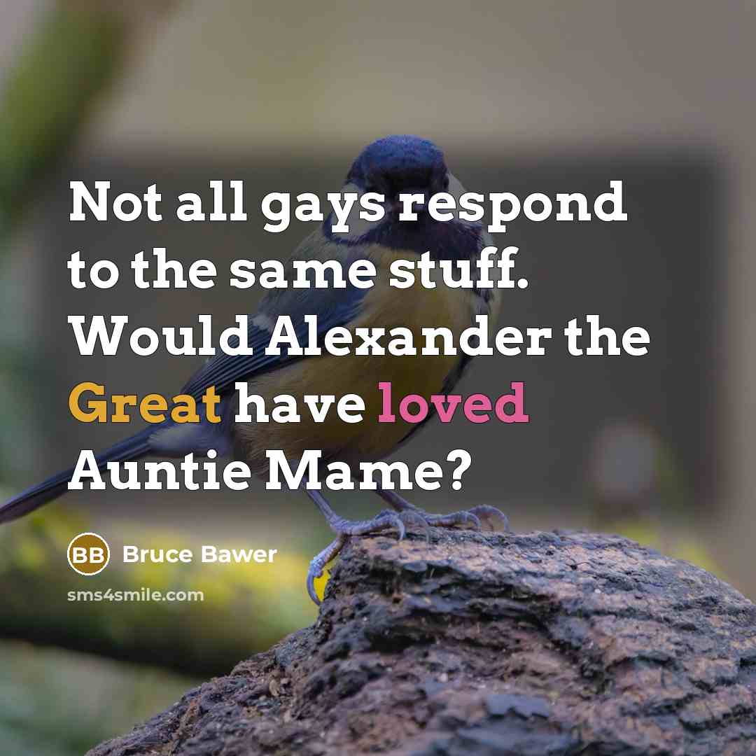 “Not all gays respond to the same stuff. Would Alexander the Great have loved Auntie Mame?” quote by Bruce Bawer