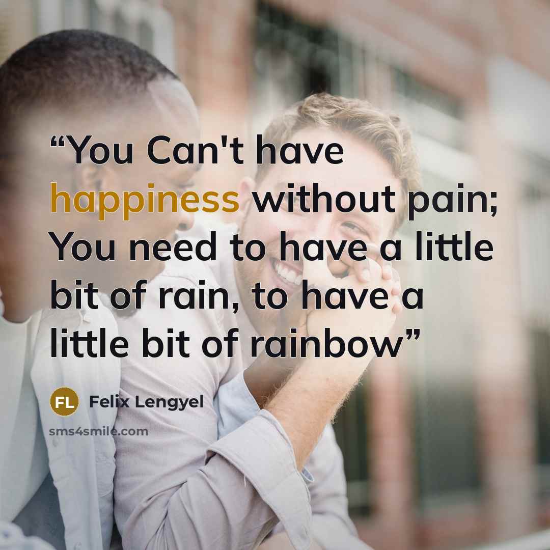 “You Can't have happiness without pain; You need to have a little bit of rain, to have a little bit of rainbow” quote by Felix Lengyel