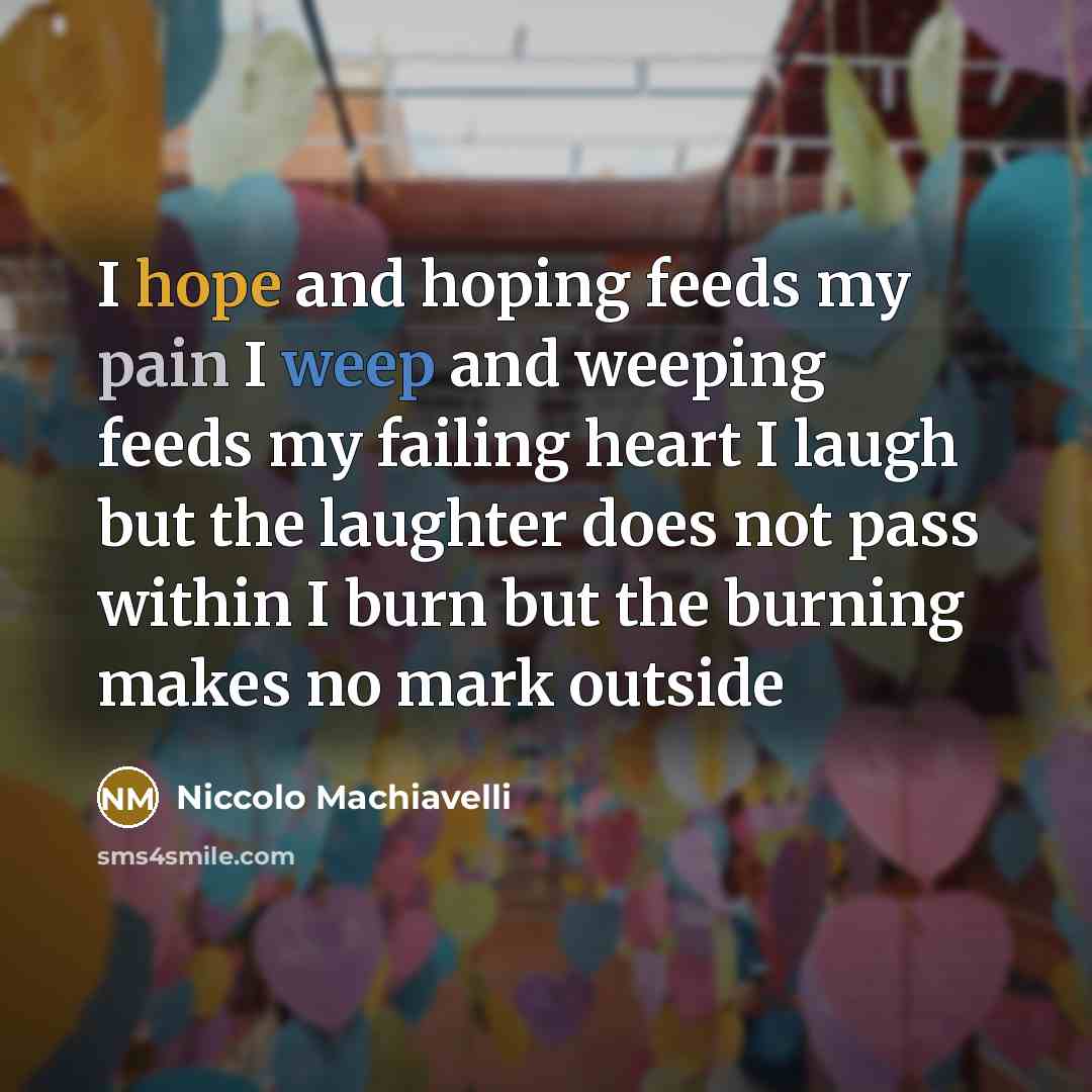 “I hope and hoping feeds my pain I weep and…” quote by Niccolo Machiavelli