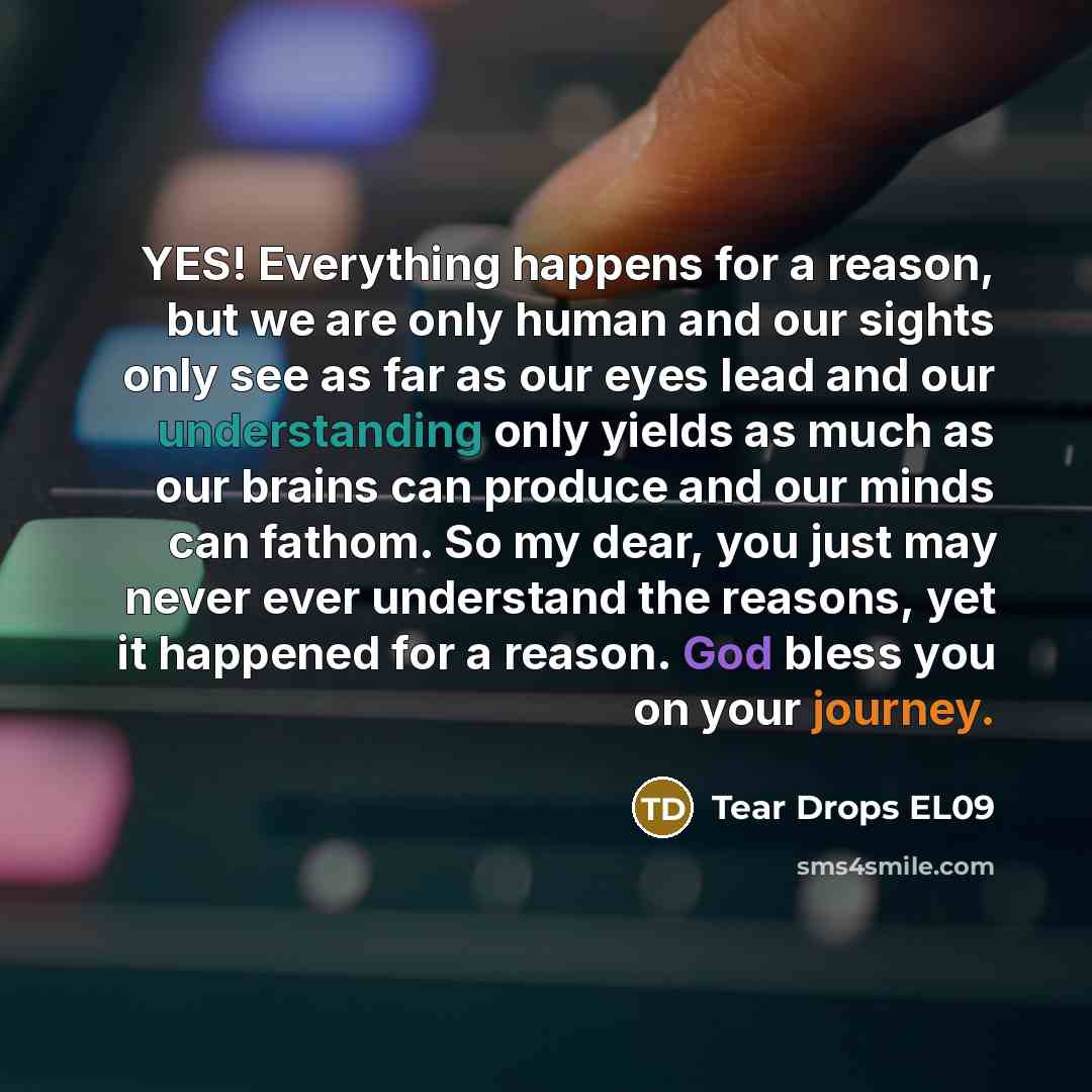 “YES! Everything happens for a reason, but we are only human and our sights only see as far as our eyes lead and our understanding only yields as much as our brains can produce and our minds can fathom. So my dear, you just may never ever understand the reasons, yet it happened for a reason. God…” quote by Tear Drops EL09