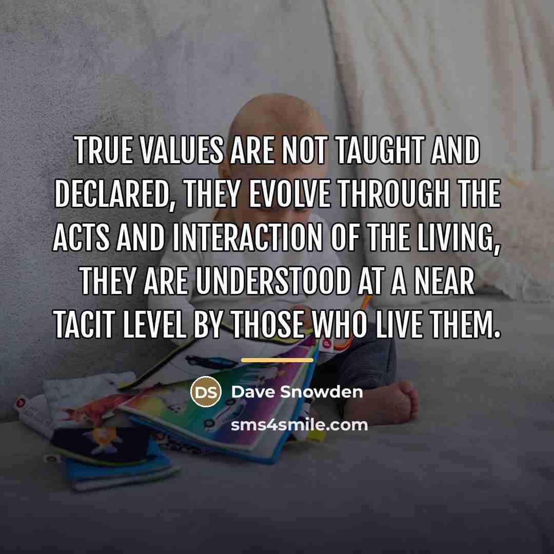 “True values are not taught and declared, they evolve through…” quote by Dave Snowden