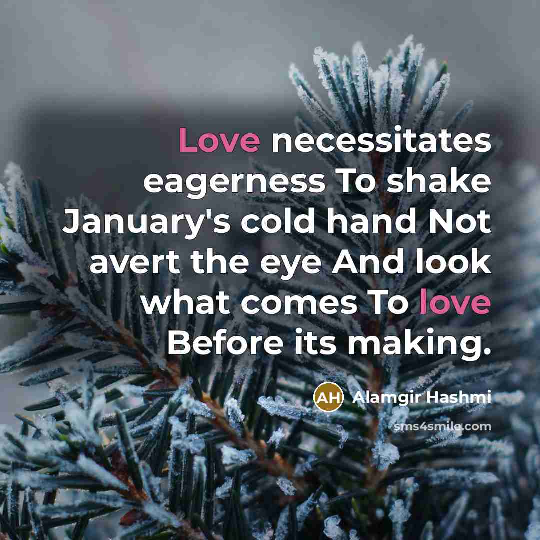 “Love necessitates eagerness To shake January's cold hand Not avert…” quote by Alamgir Hashmi