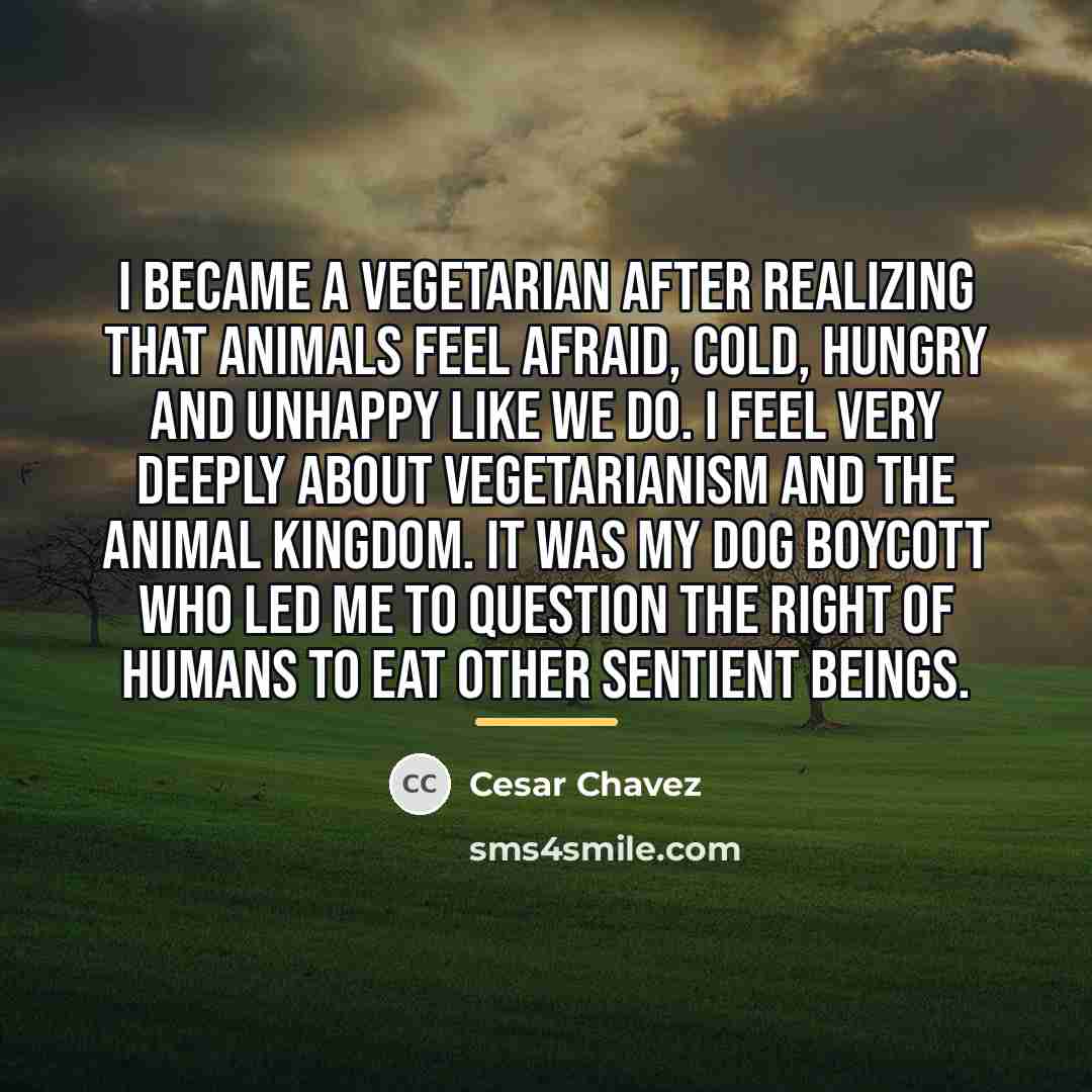 “I became a vegetarian after realizing that animals feel afraid,…” quote by Cesar Chavez