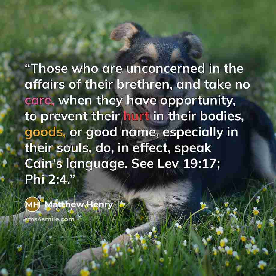 “Those who are unconcerned in the affairs of their brethren, and take no care, when they have opportunity, to prevent their hurt in their bodies, goods, or good name, especially in their souls, do, in effect, speak Cain's language. See Lev 19:17; Phi 2:4.” quote by Matthew Henry