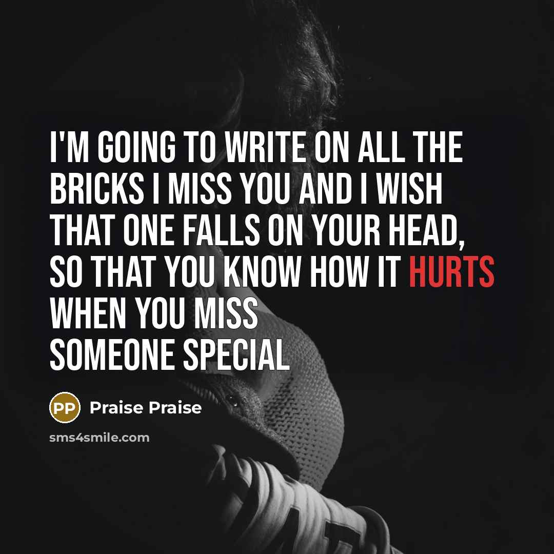 “I'm going to write on all the bricks I MISS YOU and I wish that one falls on your head, so that you know how it hurts when you miss someone special” quote by Praise Praise