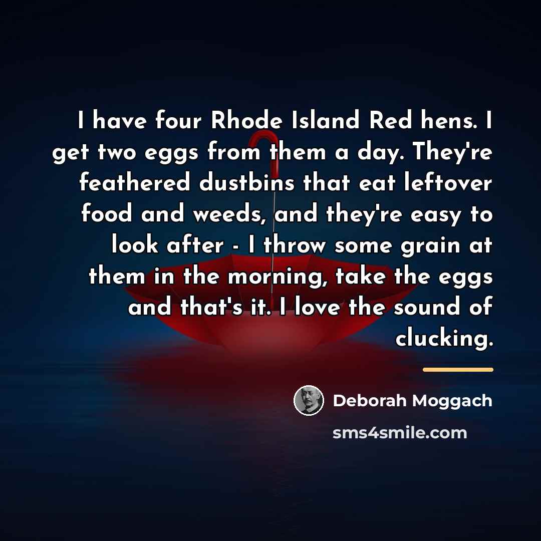 “I have four Rhode Island Red hens. I get two…” quote by Deborah Moggach
