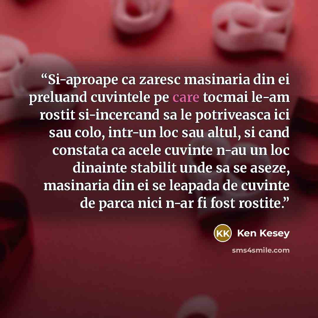 “Si-aproape ca zaresc masinaria din ei preluand cuvintele pe care tocmai le-am rostit si-incercand sa le potriveasca ici sau colo, intr-un loc sau altul, si cand constata ca acele cuvinte n-au un loc dinainte stabilit unde sa se aseze, masinaria din ei se leapada de cuvinte de parca nici n-ar fi…” quote by Ken Kesey
