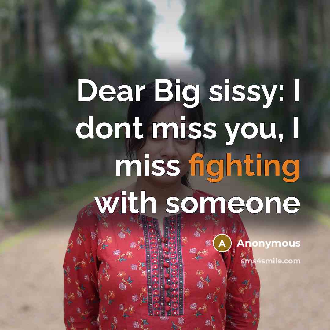 “Dear Big sissy: I dont miss you, I miss fighting with someone” quote by Anonymous