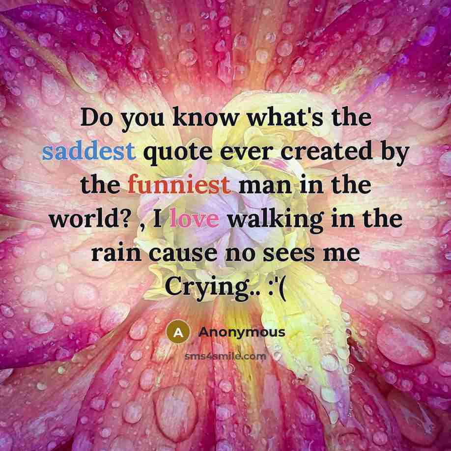 “Do you know what's the saddest quote ever created by the funniest man in the world? , I love walking in the rain cause no sees me Crying.. :'(” quote by Anonymous