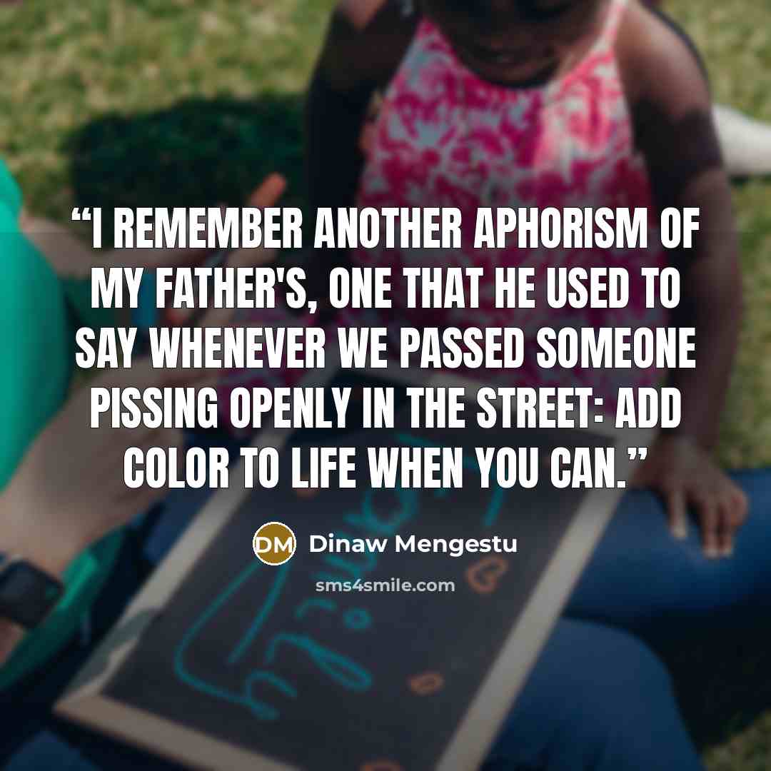 “I remember another aphorism of my father's, one that he used to say whenever we passed someone pissing openly in the street: add color to life when you can.” quote by Dinaw Mengestu