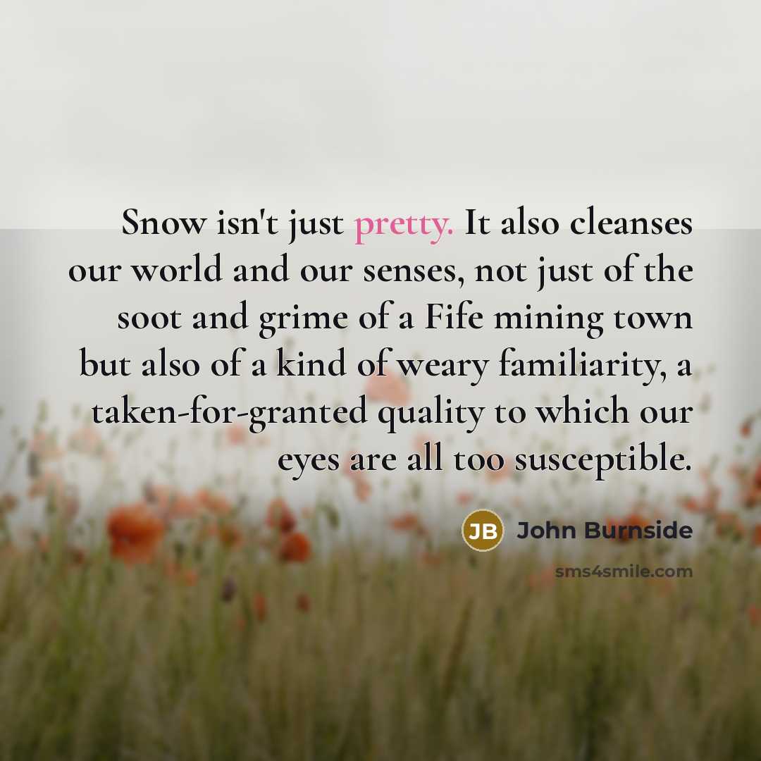 “Snow isn't just pretty. It also cleanses our world and…” quote by John Burnside