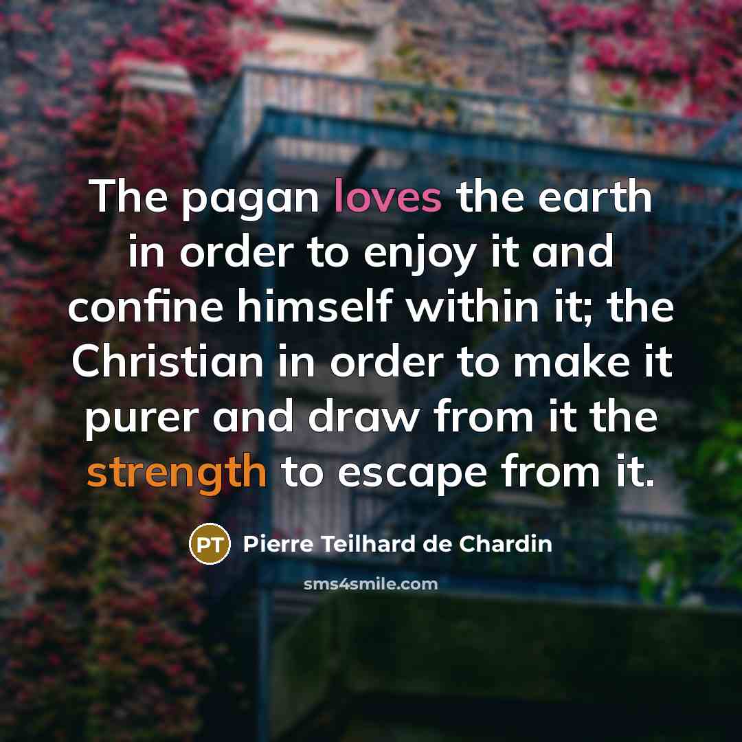 “The pagan loves the earth in order to enjoy it and confine himself within it; the Christian in order to make it purer and draw from it the strength to escape from it.” quote by Pierre Teilhard de Chardin