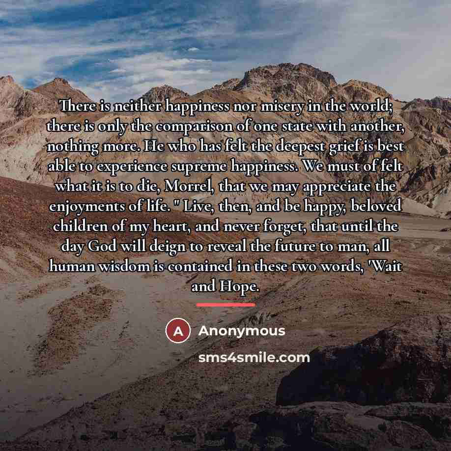 “There is neither happiness nor misery in the world; there…” quote by Anonymous