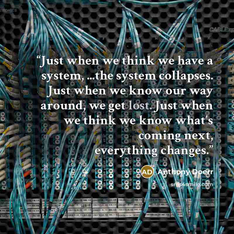 “Just when we think we have a system, ...the system collapses. Just when we know our way around, we get lost. Just when we think we know what's coming next, everything changes.” quote by Anthony Doerr