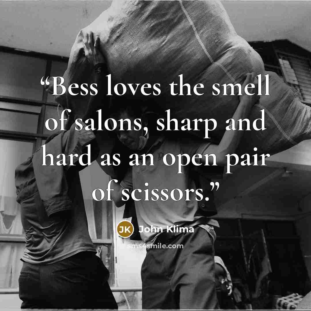 “Bess loves the smell of salons, sharp and hard as an open pair of scissors.” quote by John Klima