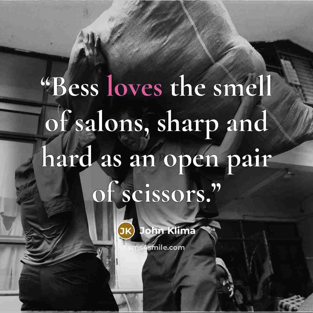 “Bess loves the smell of salons, sharp and hard as an open pair of scissors.” quote by John Klima