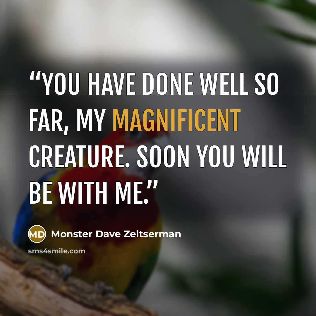 “You have done well so far, my magnificent creature. Soon you will be with me.” quote by Monster Dave Zeltserman