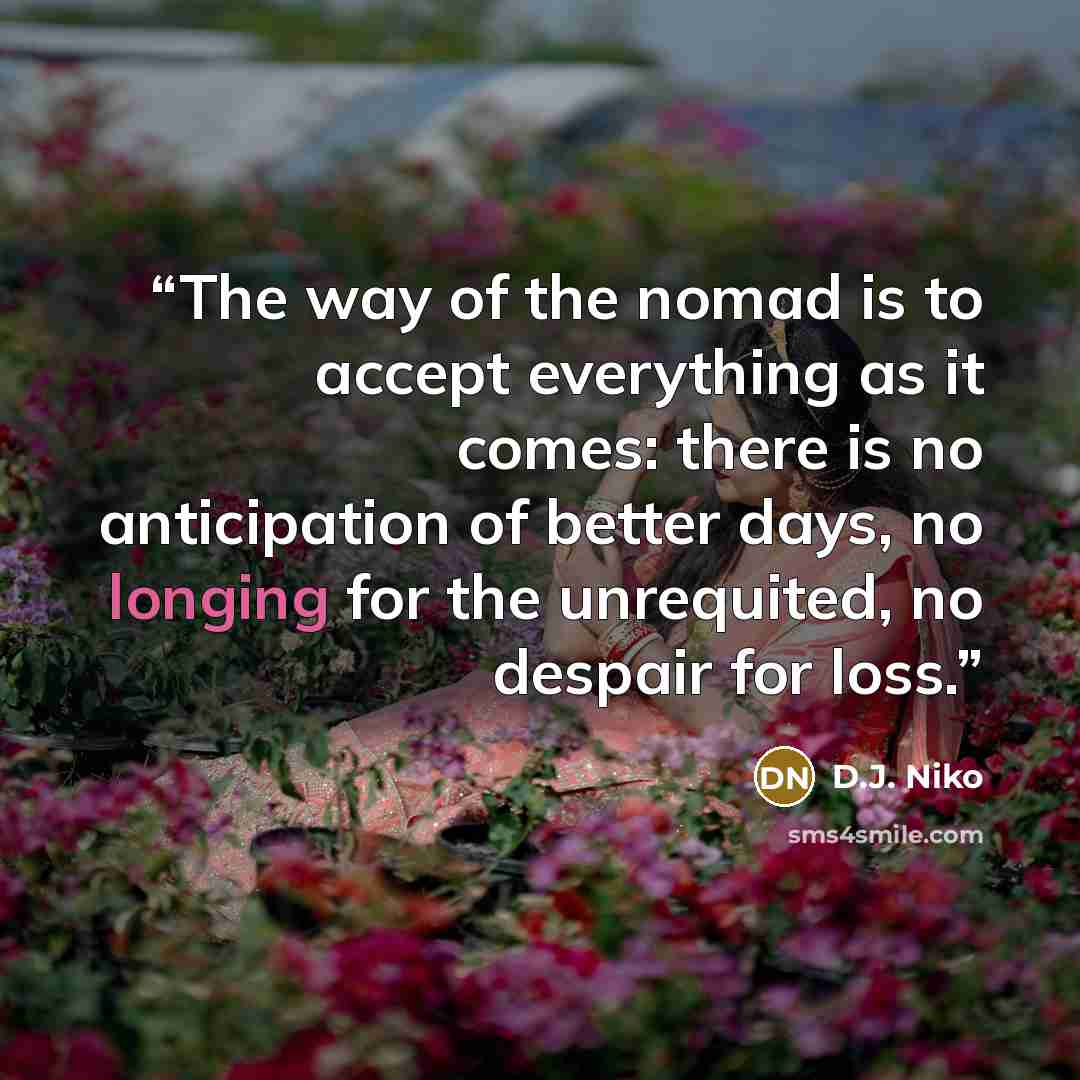 “The way of the nomad is to accept everything as it comes: there is no anticipation of better days, no longing for the unrequited, no despair for loss.” quote by D.J. Niko