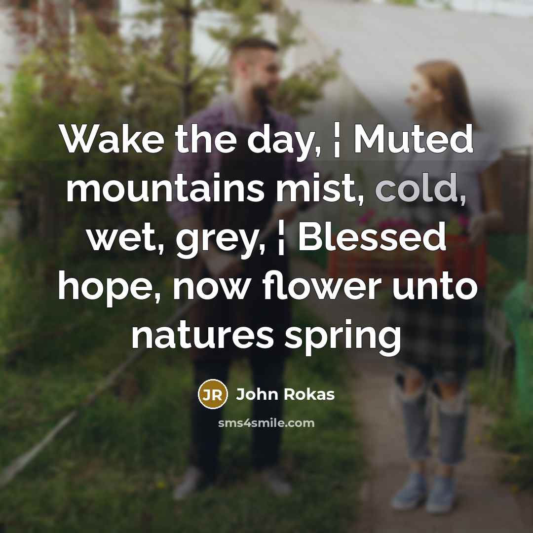 “Wake the day, ¦ Muted mountains mist, cold, wet, grey,…” quote by John Rokas