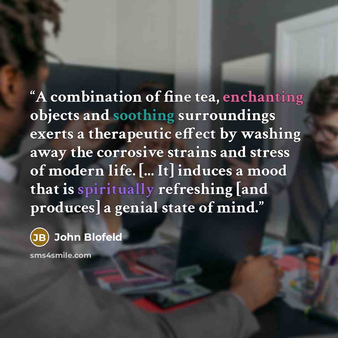 “A combination of fine tea, enchanting objects and soothing surroundings exerts a therapeutic effect by washing away the corrosive strains and stress of modern life. [... It] induces a mood that is spiritually refreshing [and produces] a genial state of mind.” quote by John Blofeld