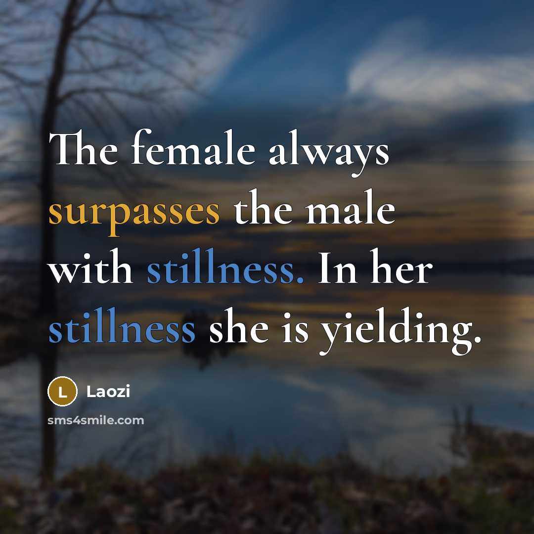 “The female always surpasses the male with stillness. In her…” quote by Laozi