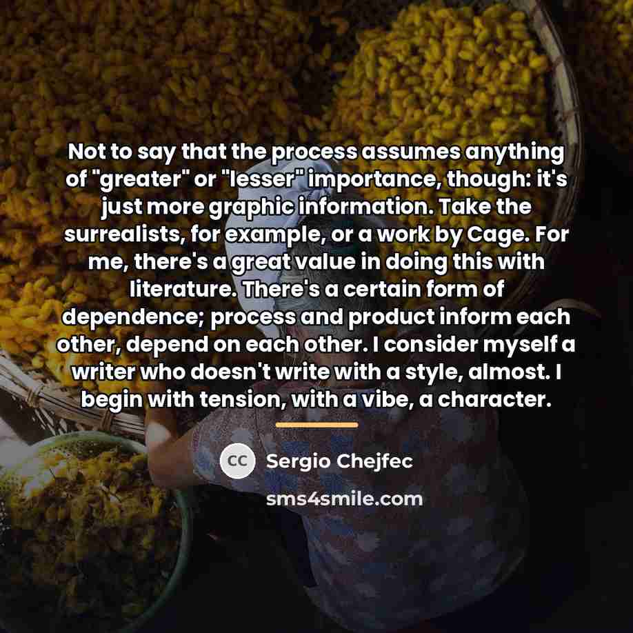“Not to say that the process assumes anything of "greater"…” quote by Sergio Chejfec