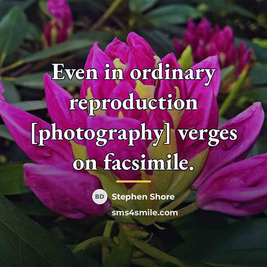 “Even in ordinary reproduction [photography] verges on facsimile.…” quote by Stephen Shore
