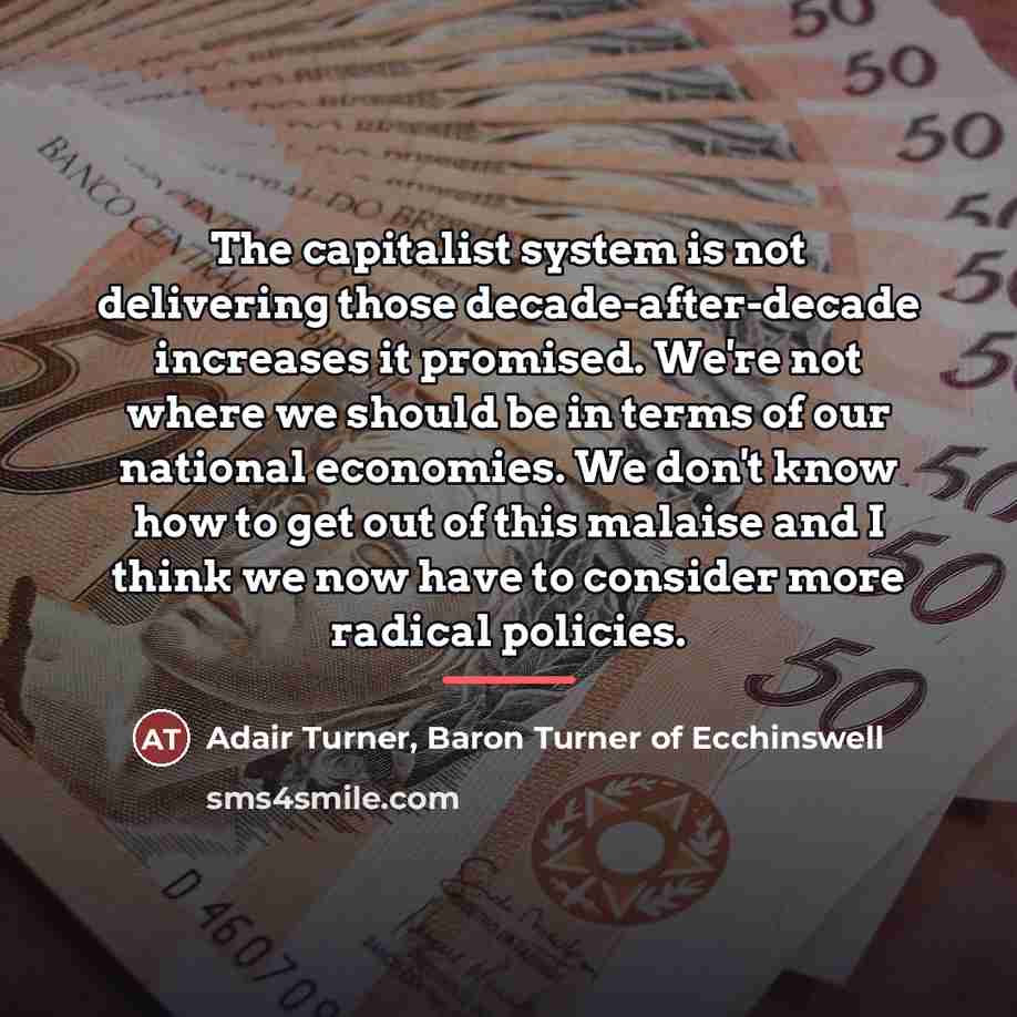 “The capitalist system is not delivering those decade-after-decade increases it…” quote by Adair Turner, Baron Turner of Ecchinswell