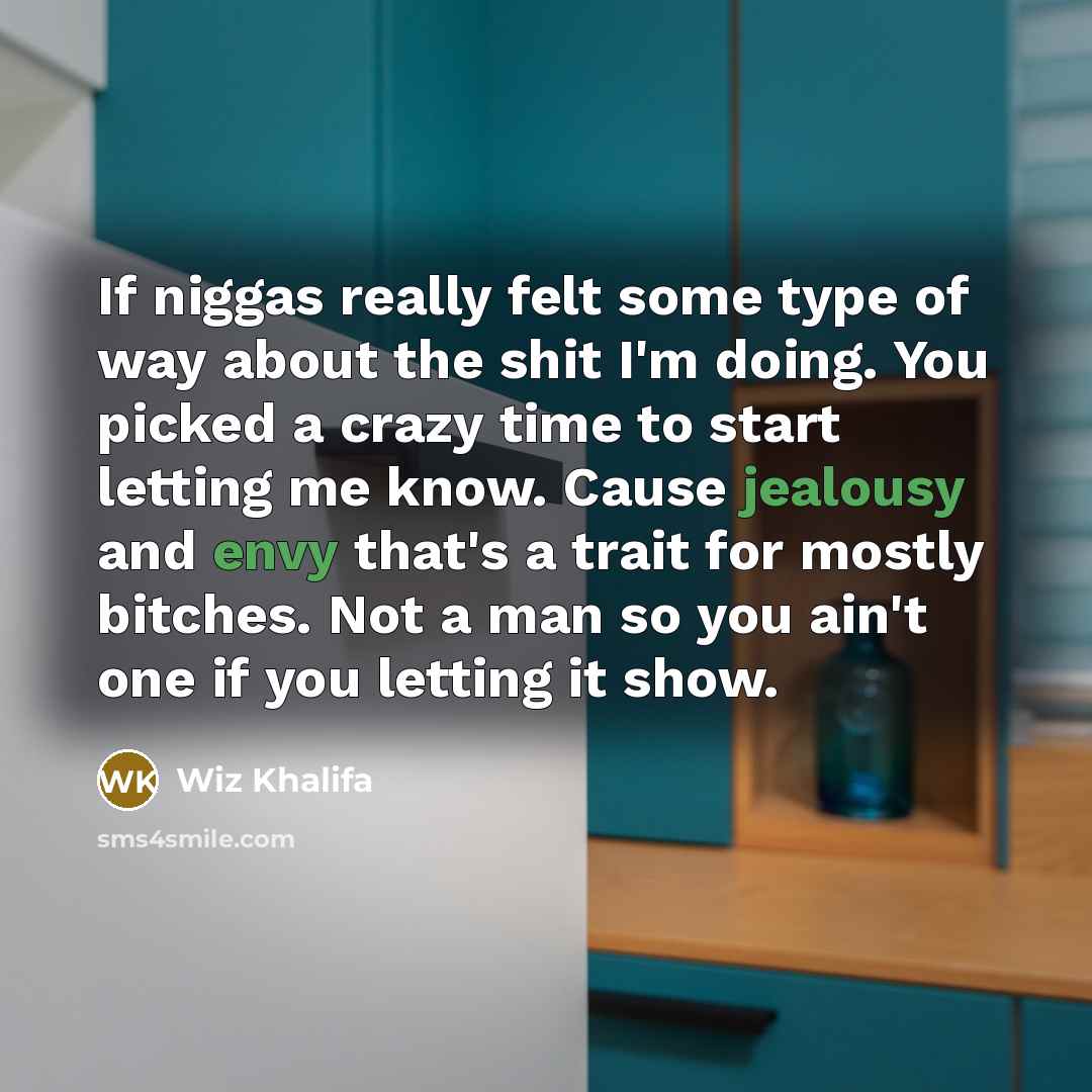 “If niggas really felt some type of way about the shit I'm doing. You picked a crazy time to start letting me know. Cause jealousy and envy that's a trait for mostly bitches. Not a man so you ain't one if you letting it show.” quote by Wiz Khalifa