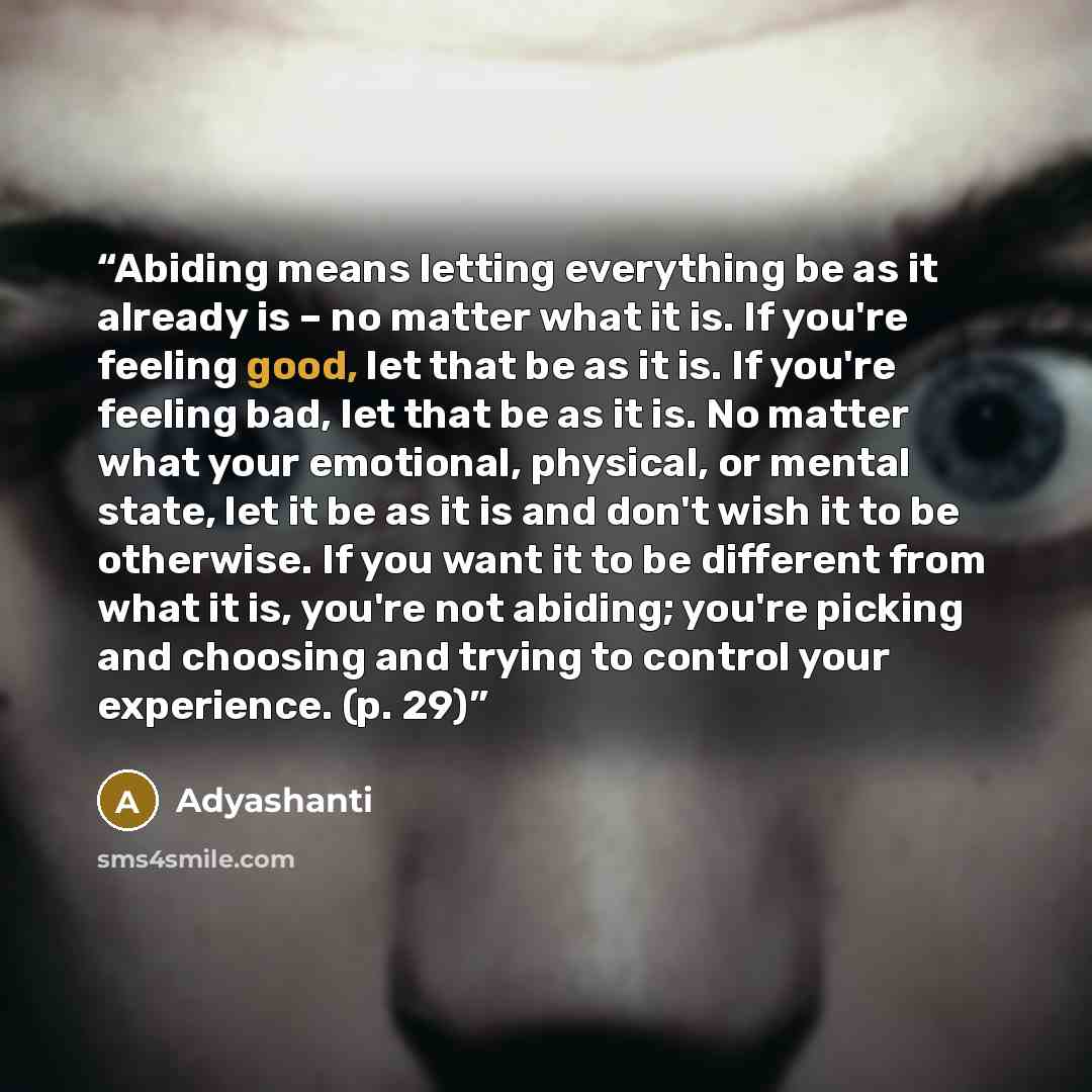 “Abiding means letting everything be as it already is – no matter what it is. If you're feeling good, let that be as it is. If you're feeling bad, let that be as it is. No matter what your emotional, physical, or mental state, let it be as it is and don't wish it to be otherwise. If you want it to…” quote by Adyashanti
