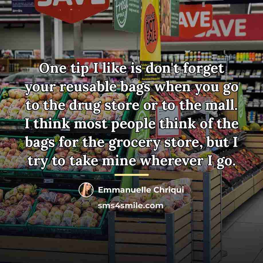 “One tip I like is don't forget your reusable bags…” quote by Emmanuelle Chriqui