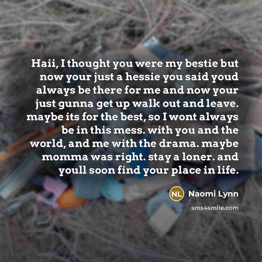 “Haii, I thought you were my bestie but now your just a hessie you said youd always be there for me and now your just gunna get up walk out and leave. maybe its for the best, so I wont always be in this mess. with you and the world, and me with the drama. maybe momma was right. stay a loner. and…” quote by Naomi Lynn