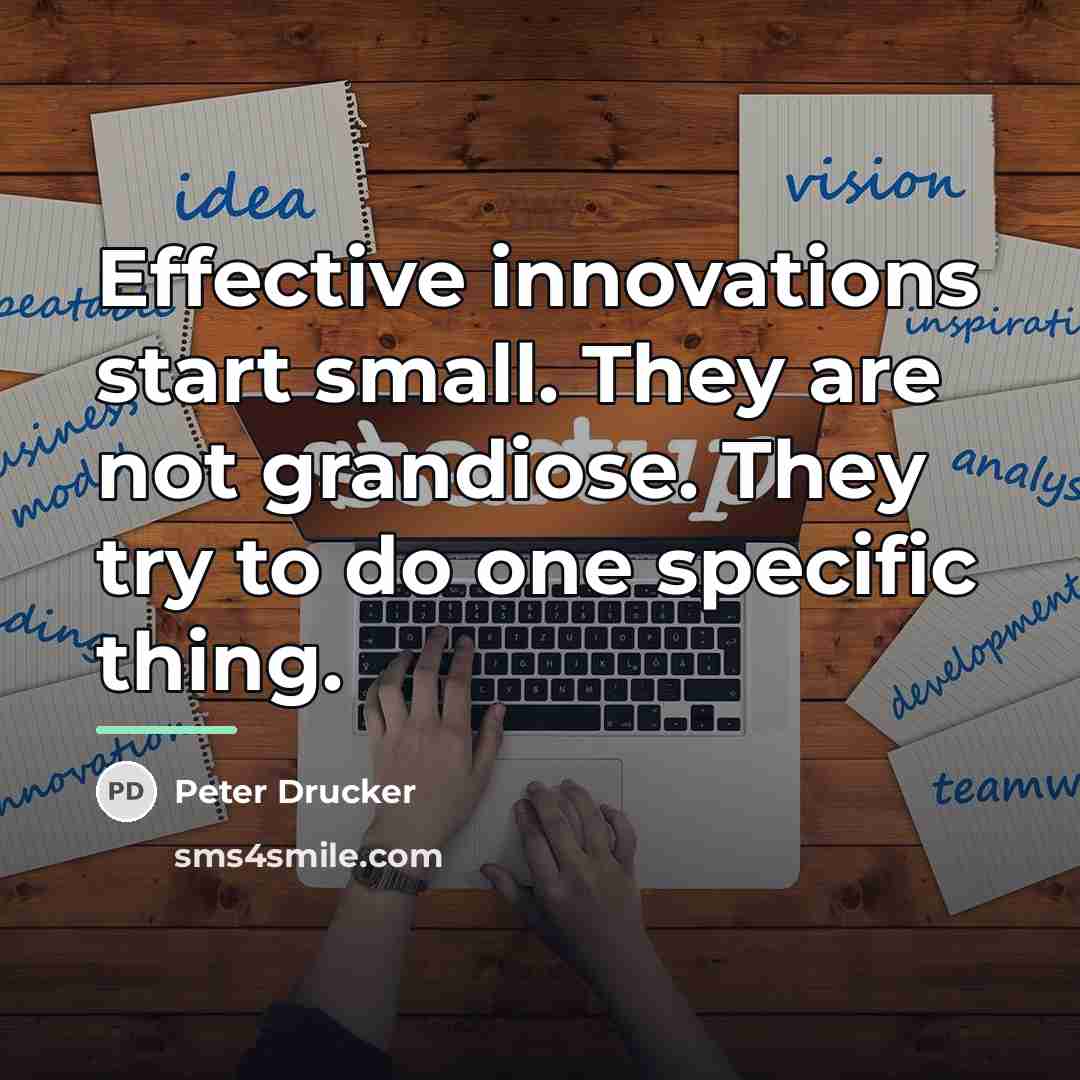 “Effective innovations start small. They are not grandiose. They try…” quote by Peter Drucker