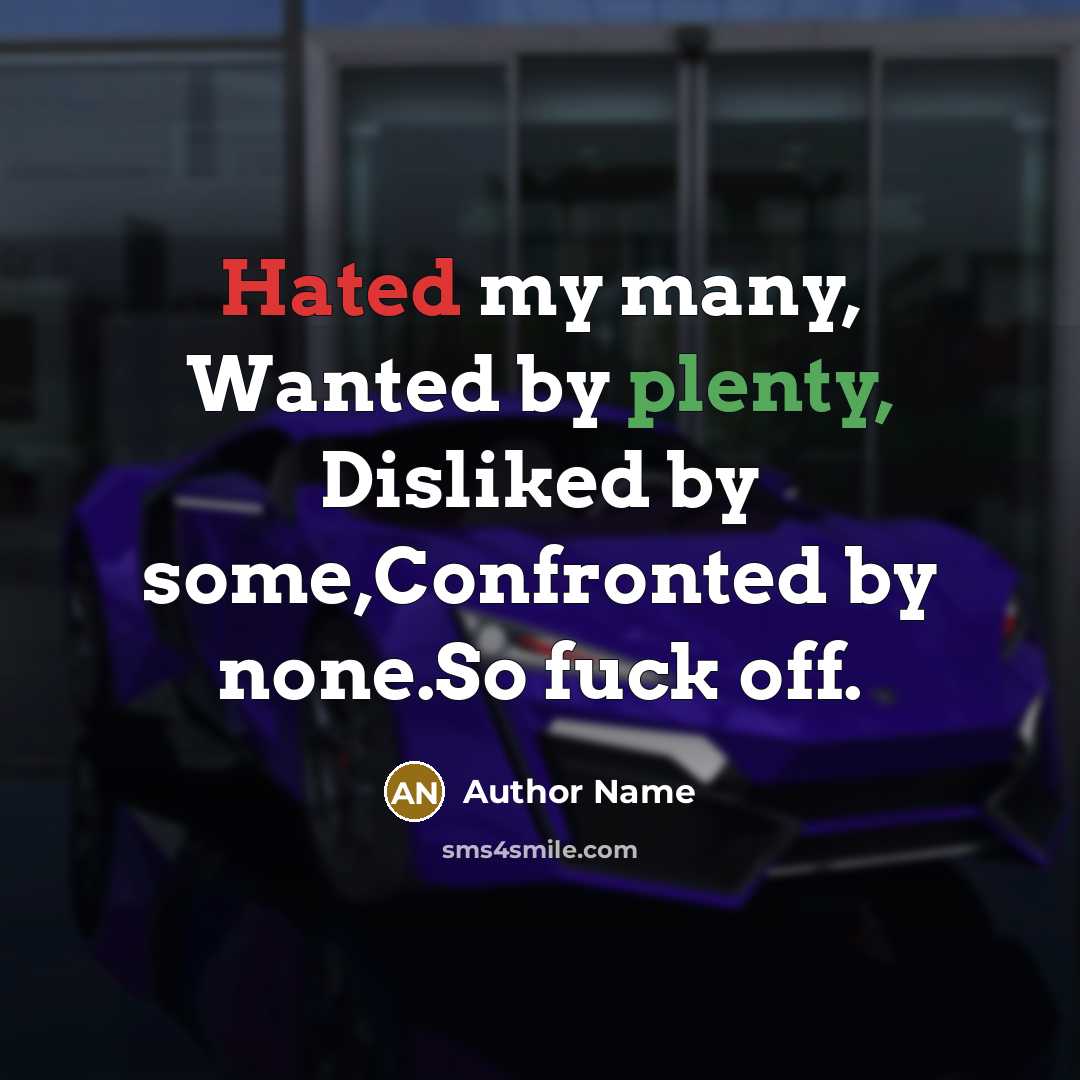 “Hated my many, Wanted by plenty, Disliked by some,Confronted by none.So fuck off.” quote by Author Name