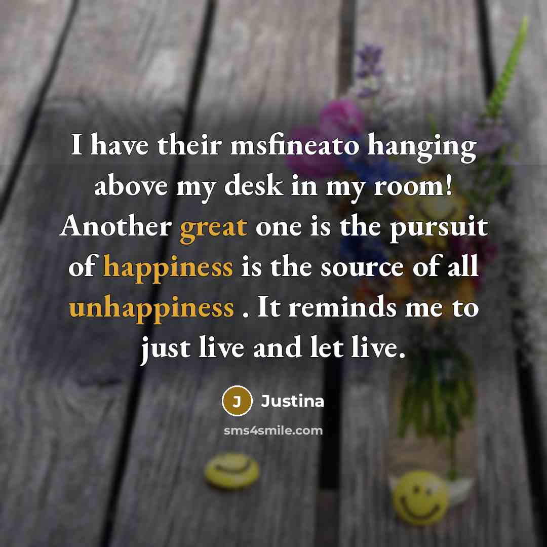 “I have their msfineato hanging above my desk in my room! Another great one is the pursuit of happiness is the source of all unhappiness . It reminds me to just live and let live.” quote by Justina