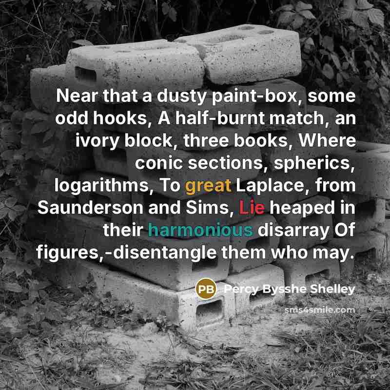 “Near that a dusty paint-box, some odd hooks, A half-burnt…” quote by Percy Bysshe Shelley