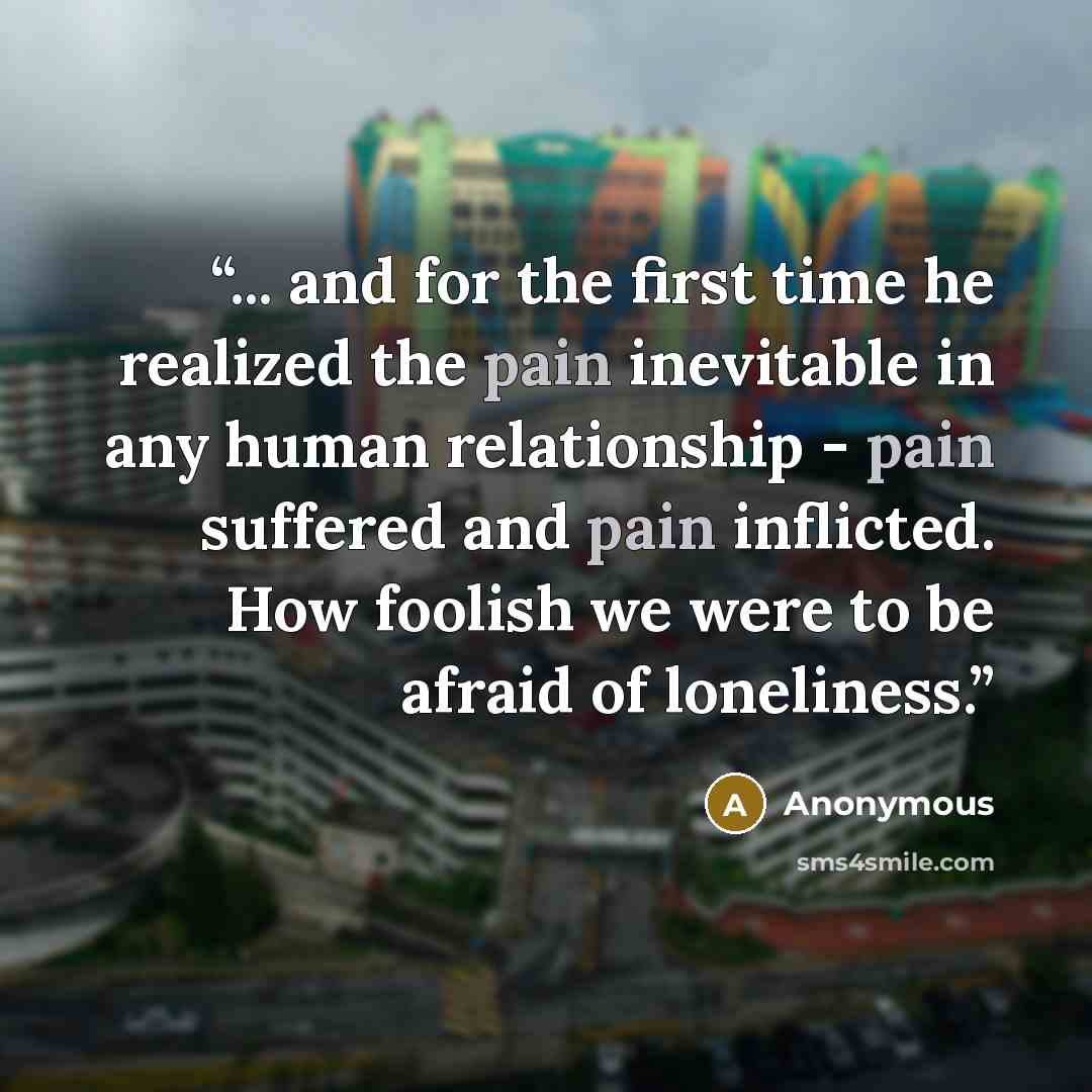 “... and for the first time he realized the pain inevitable in any human relationship - pain suffered and pain inflicted. How foolish we were to be afraid of loneliness.” quote by Anonymous