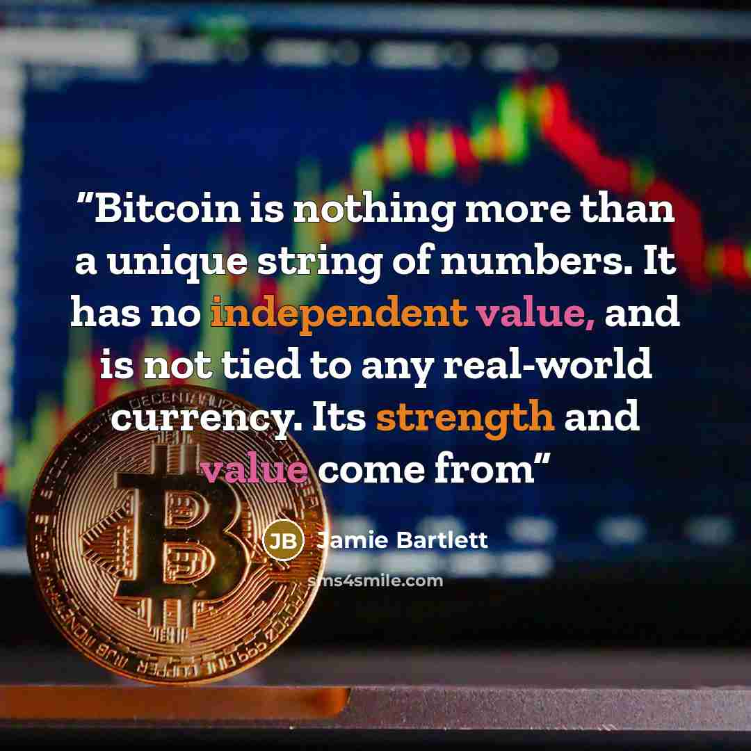 “Bitcoin is nothing more than a unique string of numbers. It has no independent value, and is not tied to any real-world currency. Its strength and value come from” quote by Jamie Bartlett