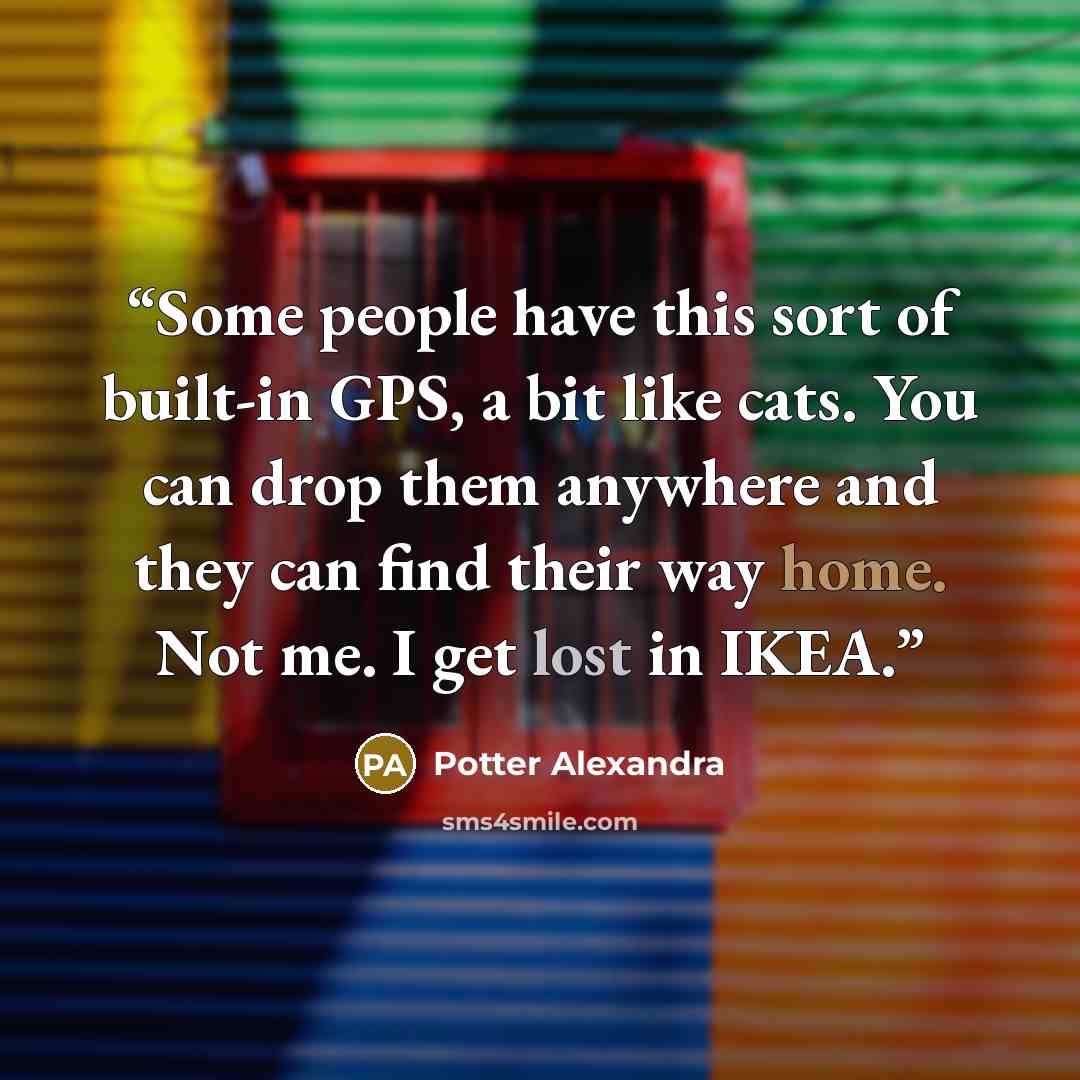 “Some people have this sort of built-in GPS, a bit like cats. You can drop them anywhere and they can find their way home. Not me. I get lost in IKEA.” quote by Potter Alexandra